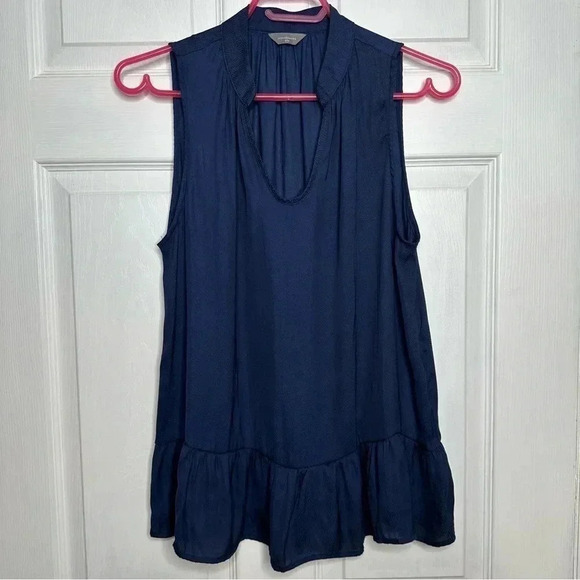 Denver Hayes Tops - Denver Hayes Blouse Sleeveless U-Shape Neckline Semi-Sheer Peplum Blue Sz Medium